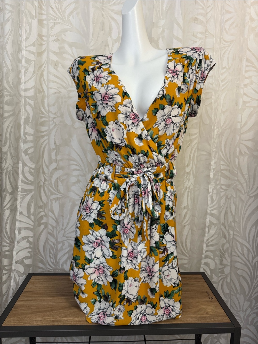 DR2 Mustard Yellow White Floral Mini Dress (S)